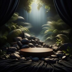 Obraz premium Dark zen stones and green leaves, blank stone podium stage for product placement