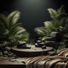 Dark zen stones and green leaves, blank stone podium stage for product placement
