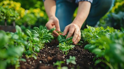 Naklejka na ściany i meble banner background National Gardening Day theme, and wide copy space, A gardener planting seeds in neatly organized rows in a garden bed, for banner, 