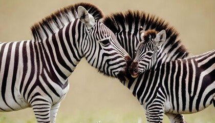 Fototapeta na wymiar A Zebra Foal Nuzzling Up Against Its Mothers Side