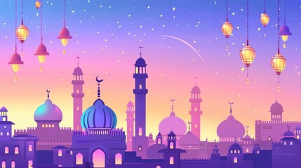 Mosque town and hanging lanterns in flat design for Ramadan