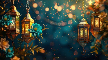 A blue arabesque flower and lanterns on a golden glitter background symbolize Ramadan kareem, which means a generous holiday