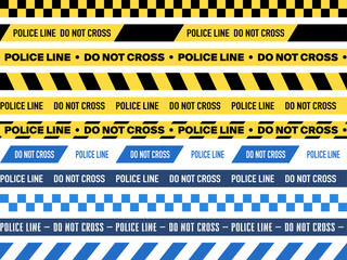 Vector Police Warning Line Designs, Yellow and Blue Variations, Seamless Pattern. Attention, Do Not Cross Graphics Isolated on White Background