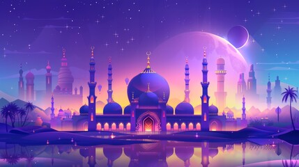 The word Ramadan kareem means generous holiday with colorful mosques in the nighttime desert. - obrazy, fototapety, plakaty