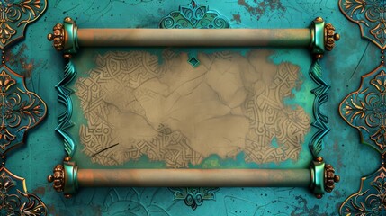 Blank scroll paper with turquoise arabesque flower and fanoos