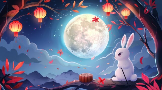 With a full moon background, this illustration depicts an autumn festival featuring rabbits and mooncakes.