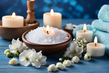 Fototapeta na wymiar An inviting spa scene with lit candles, bath salts, and white flowers on a blue background