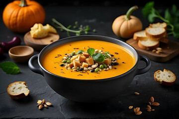 Vibrant and appetizing orange pumpkin soup topped with seeds and croutons, perfect for autumn meals