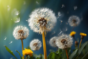 Beautiful close-up of dandelions with seeds dispersing in the wind against a dreamy blue sky background