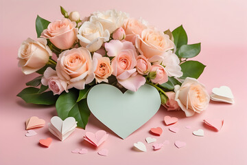 Soft pastel roses arranged in an elegant bouquet beside paper heart cutouts on a pink background