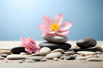 A tranquil and beautifully composed image of a pink lotus flower resting on stacked smooth stones with water pebbles as a Zen spa concept