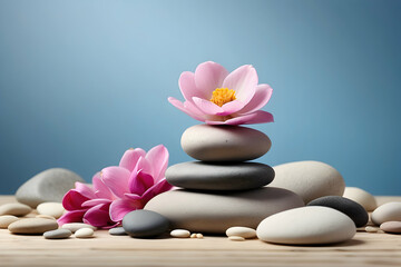 Serene arrangement of smooth balancing stones with a pink lotus flower on wooden surface against a blue backdrop