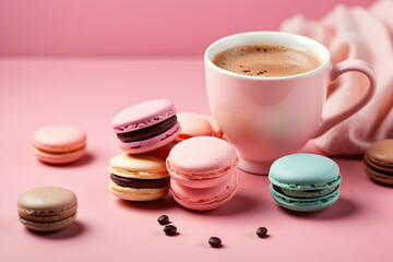 Obraz na płótnie Canvas Assorted macarons in soft hues arranged with a coffee cup and whole coffee beans on a pink surface