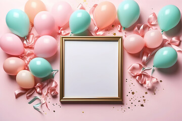 Festive composition with a golden frame surrounded by party balloons, ribbons and confetti on pink background