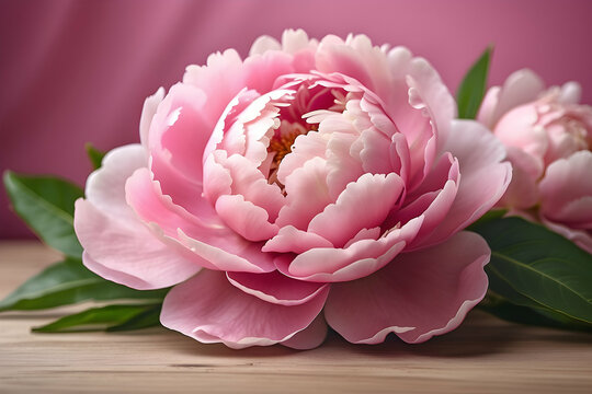 This image showcases a stunning pink peony in full bloom with soft, layered petals and a vibrant color set against a blurred pink background