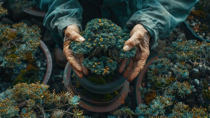 banner background National Gardening Day theme, and wide copy space, An overhead shot of a gardener's hands pruning a bonsai tree with delicate precision