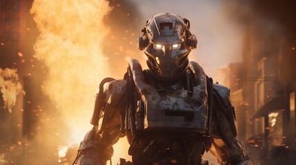 A humanoid robot firefighter bravely entering a burning building to rescue trapped individuals, displaying heroism and courage.