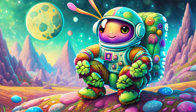 OIL PAINTING STYLE CARTOON CHARACTER Grasshopper astronaut or spaceman on the surface of moon