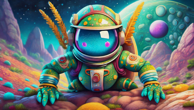 OIL PAINTING STYLE CARTOON CHARACTER Grasshopper astronaut or spaceman on the surface of moon