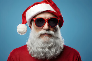 A modern interpretation of Santa Claus with a hipster twist, featuring a thick white beard, Santa hat, and cool sunglasses against a blue background