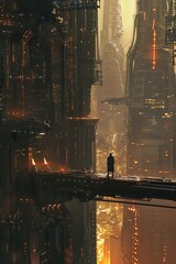 Solitary Figure Contemplates Vastness of Illuminated Megacity from High Vantage Point