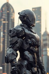 Robot Sentinel Overlooking a Futuristic Utopian Cityscape in a Dystopian World