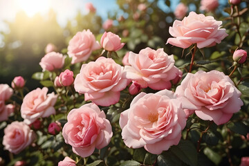 A beautiful natural scene of blooming pink roses basking in sunlight in a well-manicured garden setting