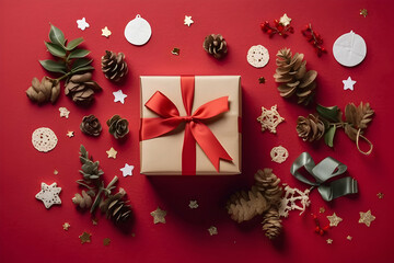 An overhead shot of a Christmas gift wrapped in beige with a red bow surrounded by pine cones, baubles, and festive decorations