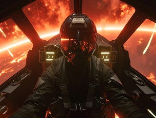 Pilot in Full Gear in Spaceship Cockpit with Hyperdrive Lights and Intense Focus on Mission Ahead