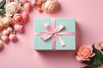 A beautifully wrapped mint gift box with a pink ribbon amongst scattered roses signifies gift-giving and heartfelt gestures on a pink background - obrazy, fototapety, plakaty