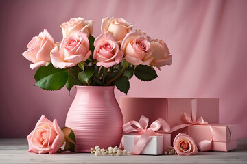 A classic arrangement of beautiful pink roses in a vase paired with matching gift boxes on a pink background, denotes affection and generosity