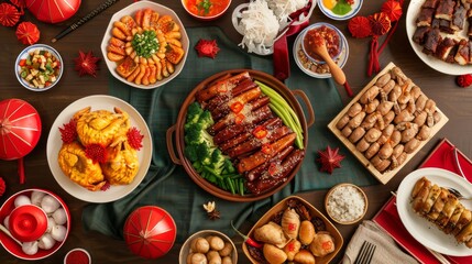 A top view of traditional lavish dishes for the Chinese new year, inside the text Spring, translated from the Chinese word reunion. - obrazy, fototapety, plakaty