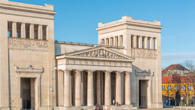Propylaea or Propylaen timelapse from above. Monumental city gate in Konigsplatz (King's Square), Munich, Germany, Europe. The building in Doric order, evokes the entrance for the Athenian Acropolis