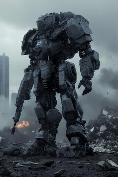 Majestic battle robot standing amidst rubble under an overcast sky, remnants of a skirmish visible
