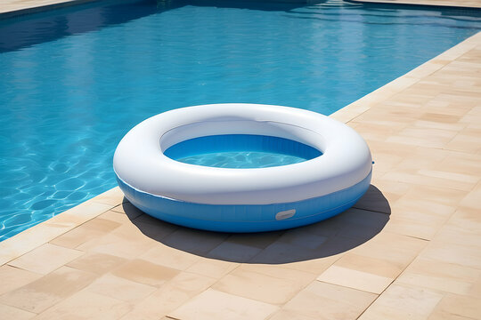 A single inflatable pool ring on a sunny poolside, capturing the essence of summer relaxation and leisure