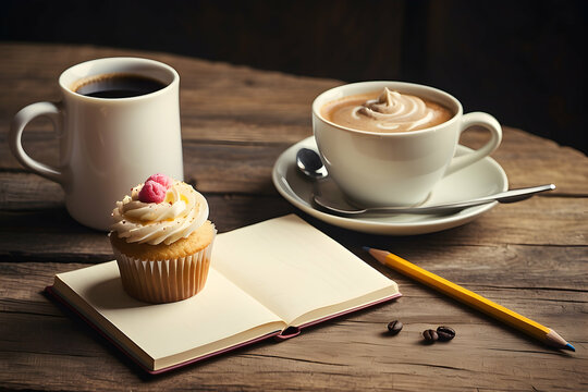 A warm and inviting image displaying a coffee cup, cappuccino, cupcake, and a notepad with a pencil on a rustic table