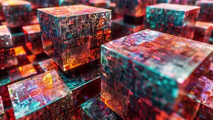 Fototapeta na wymiar Hypnotic and futuristic digital art depicting a three-dimensional, glowing, and highly detailed electronic circuit board or technological landscape, with various illuminated, prismatic cubes.