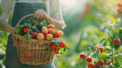 banner background National Gardening Day theme, and wide copy space, A gardener holding a basket filled with freshly harvested fruits and vegetables, 