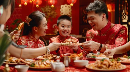 Family enjoying New Year's dinner in red, Chinese text on reunion dinner