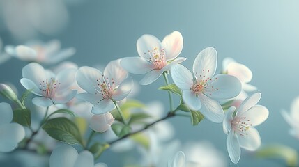   A tight shot of white blooms on a tree branch against a backdrop of blue and white