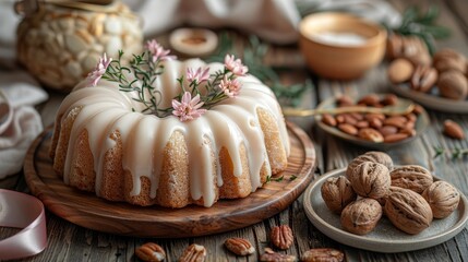   A Bundt cake rests atop a weathered wooden table Nearby, a plate holds assorted nuts, while a bowl brims with more