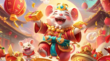 Laughing wealth god and white mouse holding gold ingot banner, Chinese translation: Welcome to Caishen