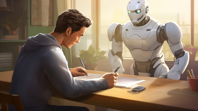 A humanoid robot tutor assisting a child with homework, offering patient guidance and encouragement.