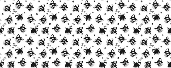 Seamless pattern of cat heads. Sleeping cats. Vector illustration