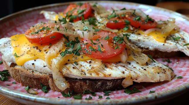   A pink plate holds a slice of bread topped with cheese andtomatoes, stacked atop another slice