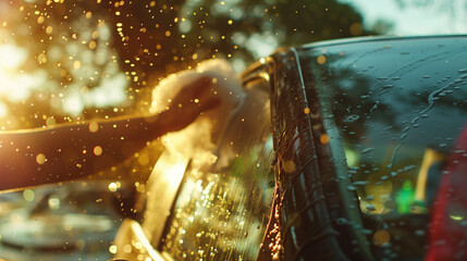 Close-up of a hand washing a car, water droplets airborne in golden sunlight, with foam and soap suds sparkling during a warm, sunlit evening.