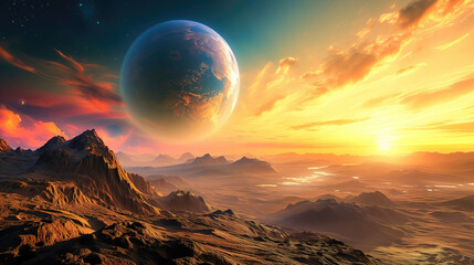 Alien planet landscape with glowing sun and mountains with fantastic rocks formations 3d illustration. - 783825103