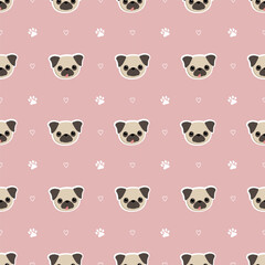 Seamless pattern with cute pug dogs. Background with pug faces. Pattern for packing of gifts, tiles fabric backgrounds. Sample for the website. Vector illustration on pink