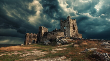 Towering Stone Fortress Against Dramatic Stormy Sky, Majestic Medieval Citadel - obrazy, fototapety, plakaty