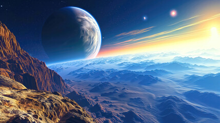Alien planet landscape with glowing sun and mountains with fantastic rocks formations 3d illustration. - 783825111